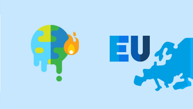 Bild einer Weltkugel die brennt. EU steht in blau auf dem Bild. Man sieht in umrissen den Europäischen Kontindent