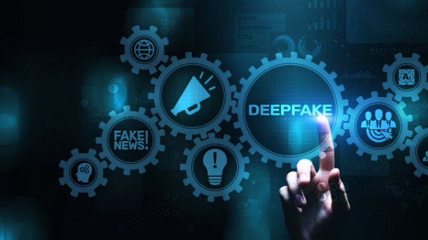 Man sieht Zahnräder in blau-schwarz. in einem steht Deepfake