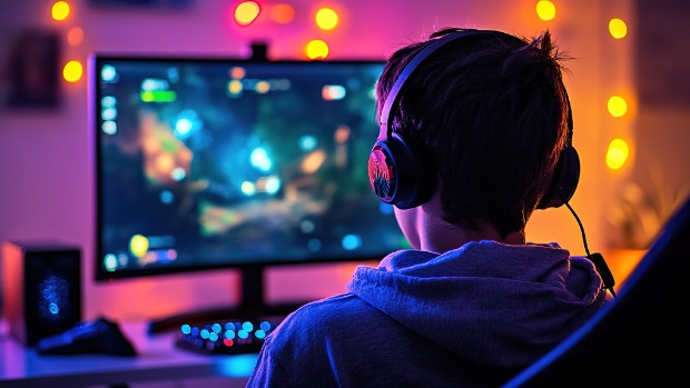 Jugendlicher mit Kopfhörer vorm PC-Bildschirm