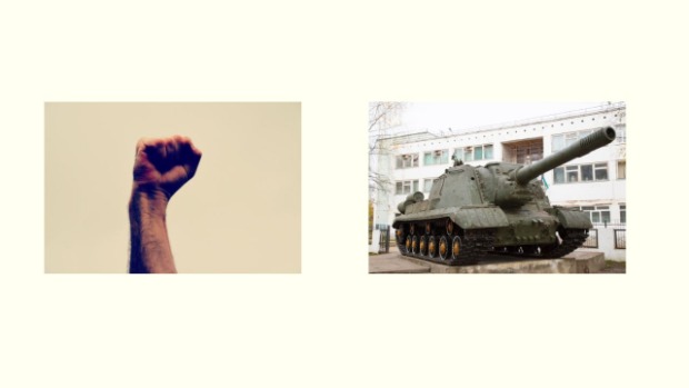 Erhobene Faust vs. russischer Panzer